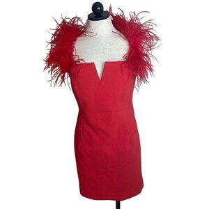 Rebecca Vallance Womens Dress Size 12 Red Scarlett Feather Trim Mini V Neck